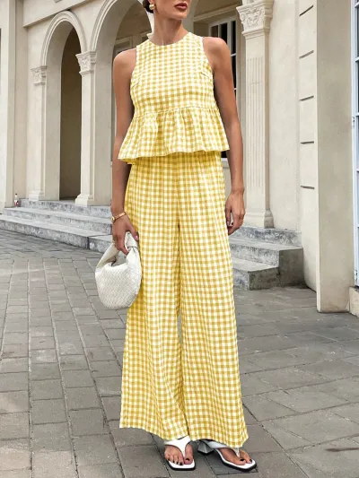 Women Fashion Casual Plaid Round Neck Sleeveless Ruffled Tank Top Loose Pants Two-Piece Set