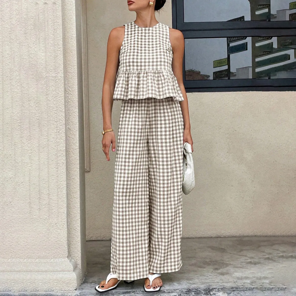 Women Fashion Casual Plaid Round Neck Sleeveless Ruffled Tank Top Loose Pants Two-Piece Set