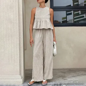 Women Fashion Casual Plaid Round Neck Sleeveless Ruffled Tank Top Loose Pants Two-Piece Set