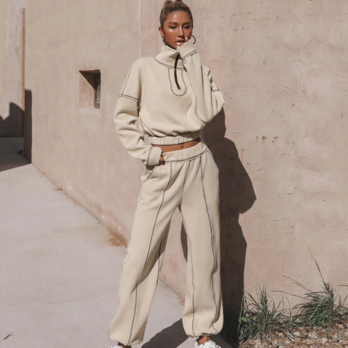 Women Fashion Casual Solid Color High-Neck Long-Sleeve Sweatshirt Jogger Pants Two-Piece Set
