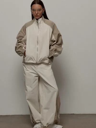 Women Fashion Casual Contrast Drawstring Long-Sleeve Zipper Jacket Loose Pants Two-Piece Set