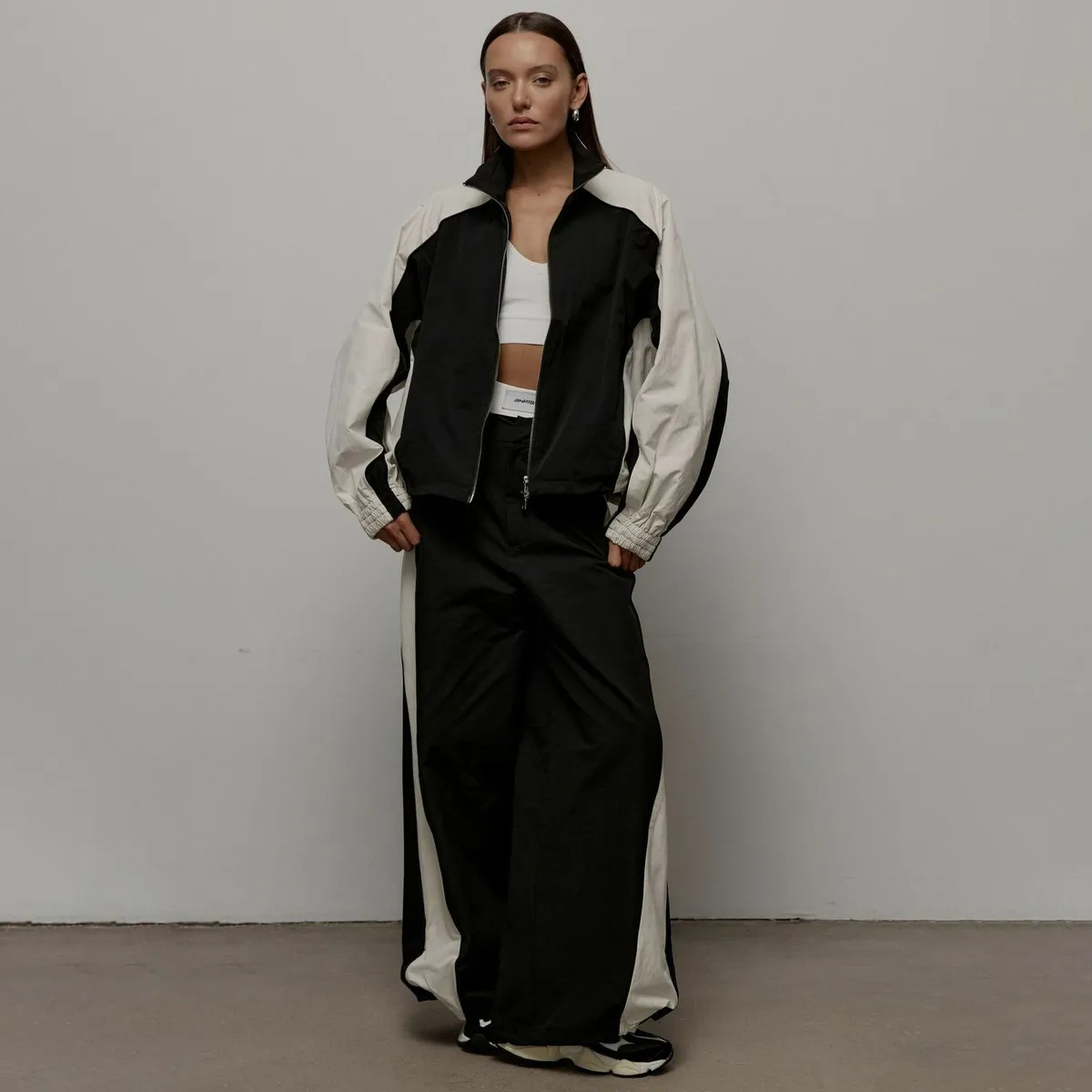 Women Fashion Casual Contrast Drawstring Long-Sleeve Zipper Jacket Loose Pants Two-Piece Set