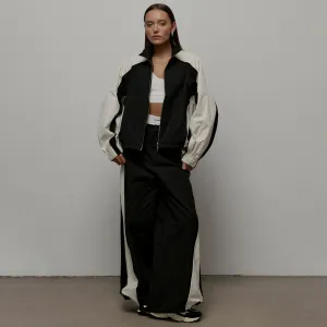 Women Fashion Casual Contrast Drawstring Long-Sleeve Zipper Jacket Loose Pants Two-Piece Set