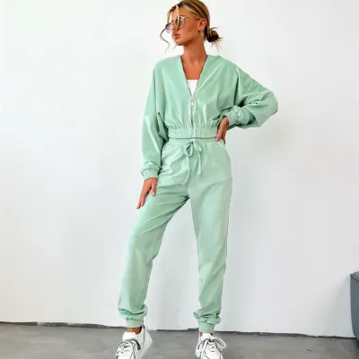 Women Fashion Casual Solid Color Long-Sleeve Zipper Cardigan Hooded Jogger Pants Two-Piece Set