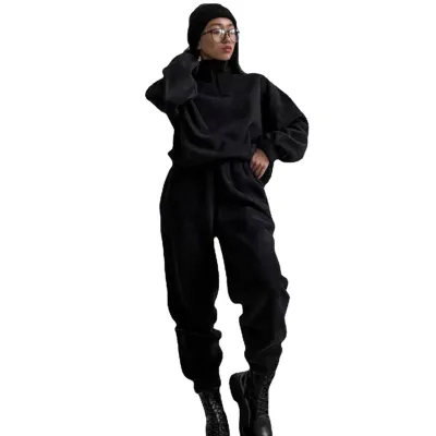 Women Fashion Casual Autumn Solid Color Loose Zipper Vertical Collar Sweatshirt Jogger Pants Two-Piece Set