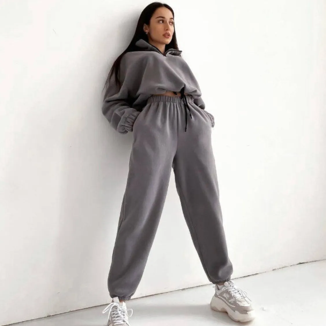 Women Fashion Casual Autumn Solid Color Loose Zipper Vertical Collar Sweatshirt Jogger Pants Two-Piece Set