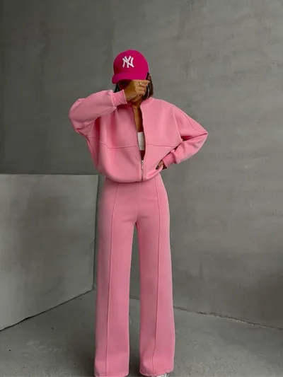 Women Fashion Casual Solid Color Long-Sleeve Cardigan Loose Pants Two-Piece Set