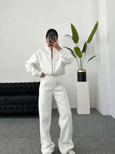 Women Fashion Casual Solid Color Long-Sleeve Cardigan Loose Pants Two-Piece Set
