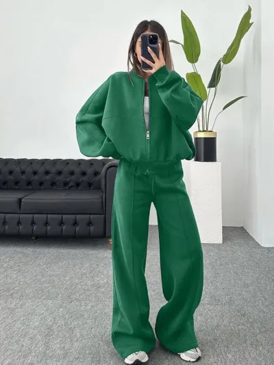 Women Fashion Casual Solid Color Long-Sleeve Cardigan Loose Pants Two-Piece Set