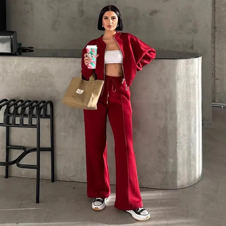 Women Fashion Casual Solid Color Long-Sleeve Cardigan Loose Pants Two-Piece Set