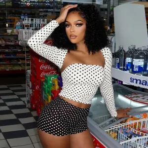 Women Fashion Sexy Contrast Color Dot Printed Long-Sleeve Shawl Tube Top Tight Shorts Three-Piece Set