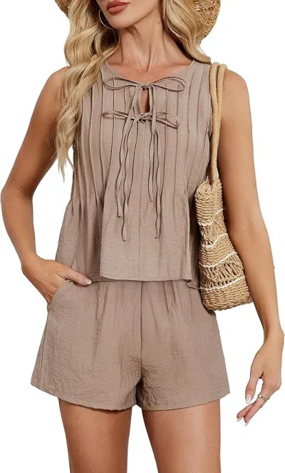 Women Fashion Casual Solid Color Linen Pleated Tank Top Loose Shorts Two-Piece Set