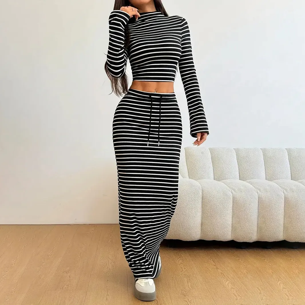 Women Fashion Casual Solid Color Stripe Long-Sleeve Crop Top Drawstring Waist Maxi Skirts Two-Piece Set