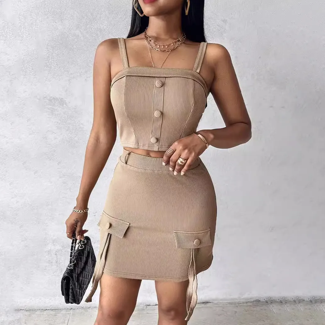 Women Fashion Sexy Solid Color Button Square Collar Tank Top Slim Fit Mini Skirt Two-Piece Set