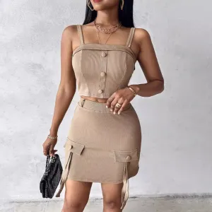 Women Fashion Sexy Solid Color Button Square Collar Tank Top Slim Fit Mini Skirt Two-Piece Set