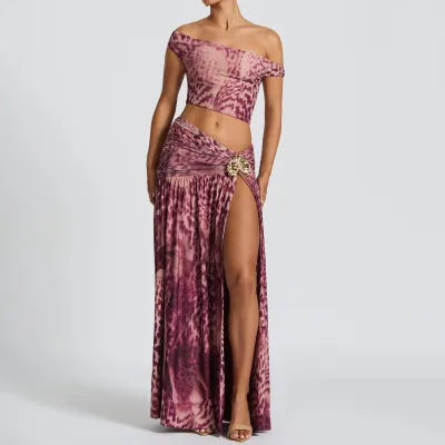 Women Fashion Sexy Leopard Printed Tie-Dye Crop Top Split Maxi Skirts Two-Piece Set