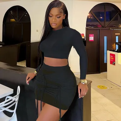 Women Fashion Sexy Solid Color Mesh Stitching Long Sleeve Crop Top Lace-Up Mini Skirt Two-Piece Set