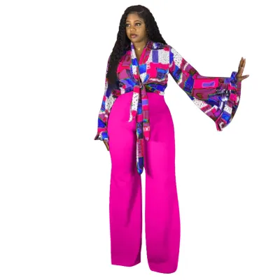 Women Fashion Casual Plus Size Printed Horn Sleeve Top Wide Leg Pants Two-Piece Set