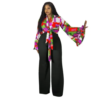 Women Fashion Casual Plus Size Printed Horn Sleeve Top Wide Leg Pants Two-Piece Set