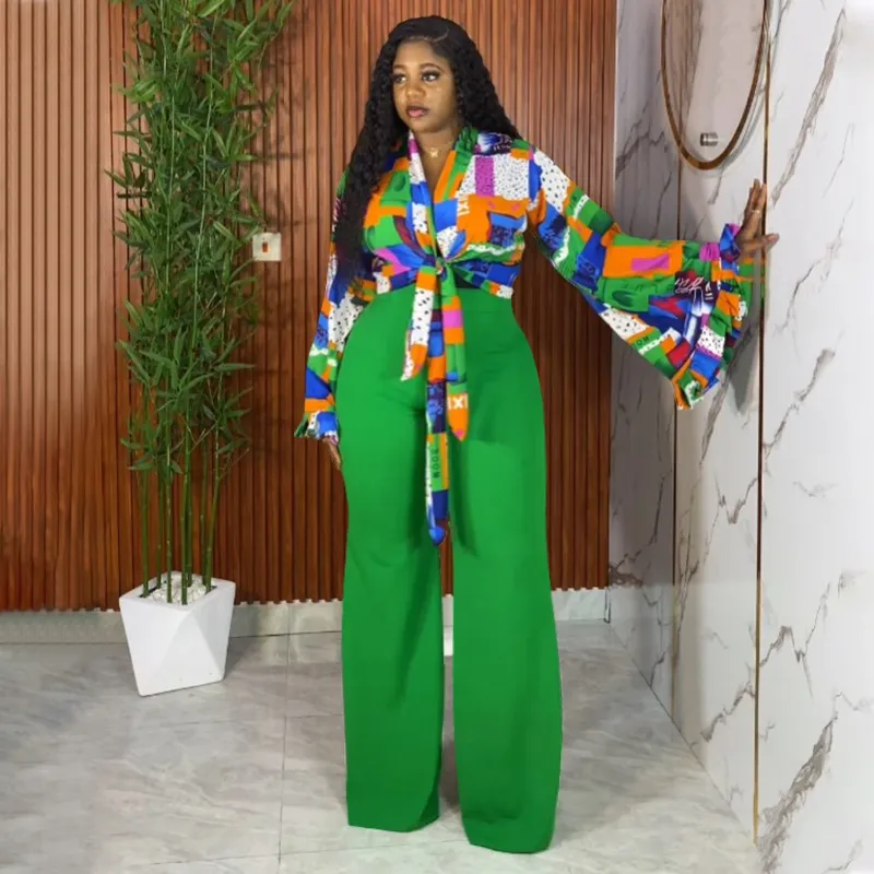 Women Fashion Casual Plus Size Printed Horn Sleeve Top Wide Leg Pants Two-Piece Set