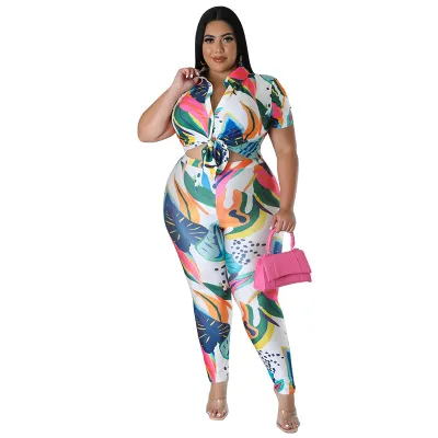 Women Fashion Sexy Plus Size Printed Lapel Short Sleeve Lace-Up Crop Top Tight Pants Two-Piece Set