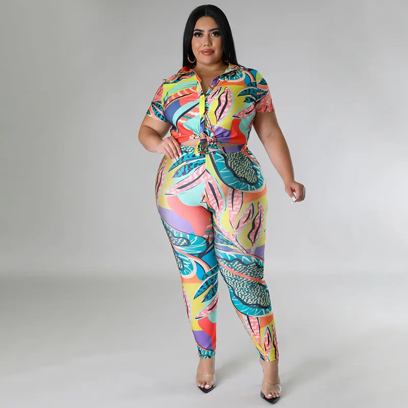 Women Fashion Sexy Plus Size Printed Lapel Short Sleeve Lace-Up Crop Top Tight Pants Two-Piece Set