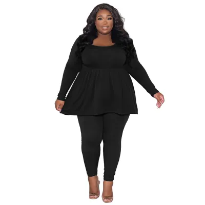 Women Fashion Casual Plus Size Solid Color Long Sleeve T-Shirt Tight Pants Two-Piece Set