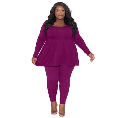 Women Fashion Casual Plus Size Solid Color Long Sleeve T-Shirt Tight Pants Two-Piece Set