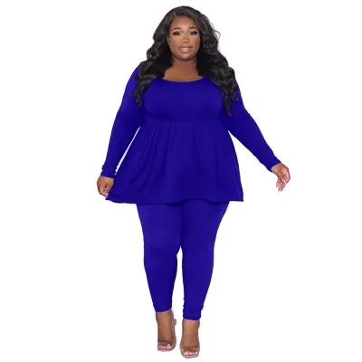 Women Fashion Casual Plus Size Solid Color Long Sleeve T-Shirt Tight Pants Two-Piece Set