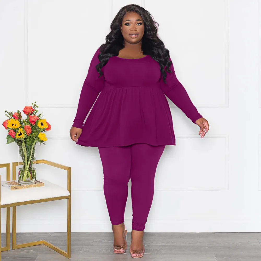Women Fashion Casual Plus Size Solid Color Long Sleeve T-Shirt Tight Pants Two-Piece Set