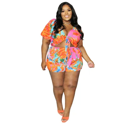 Women Fashion Sexy Printed Short-Sleeve Lace-Up Crop Top Tight Shorts Two-Piece Set