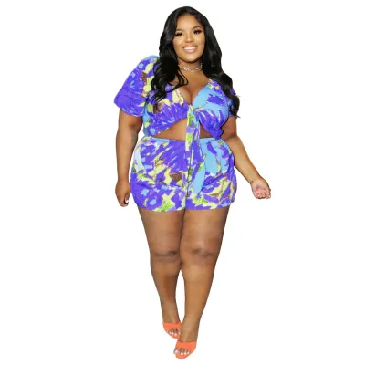 Women Fashion Sexy Printed Short-Sleeve Lace-Up Crop Top Tight Shorts Two-Piece Set