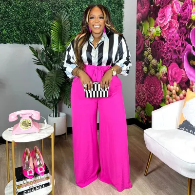 Women Fashion Casual Plus Size Stripe Printed Blouse Wide Leg Pants Two-Piece Set