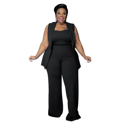 Women Fashion Casual Plus Size Solid Color Tube Top Tanks Slim-Fit Pants Three-Piece Set