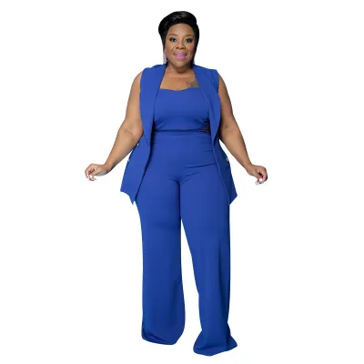 Women Fashion Casual Plus Size Solid Color Tube Top Tanks Slim-Fit Pants Three-Piece Set
