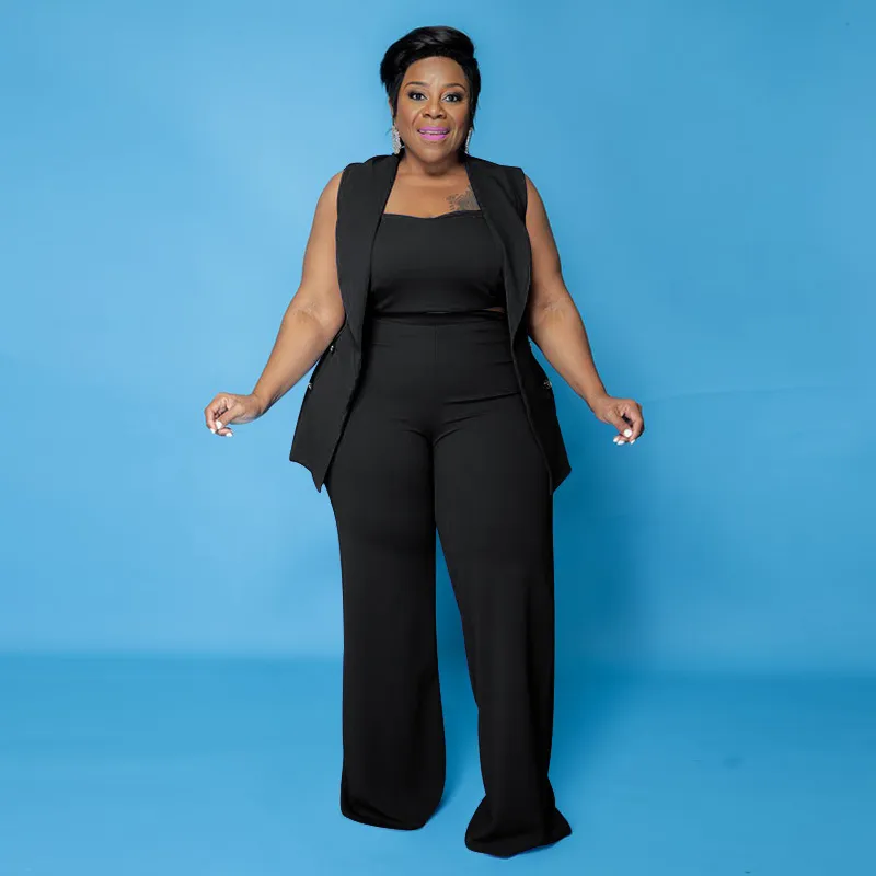 Women Fashion Casual Plus Size Solid Color Tube Top Tanks Slim-Fit Pants Three-Piece Set