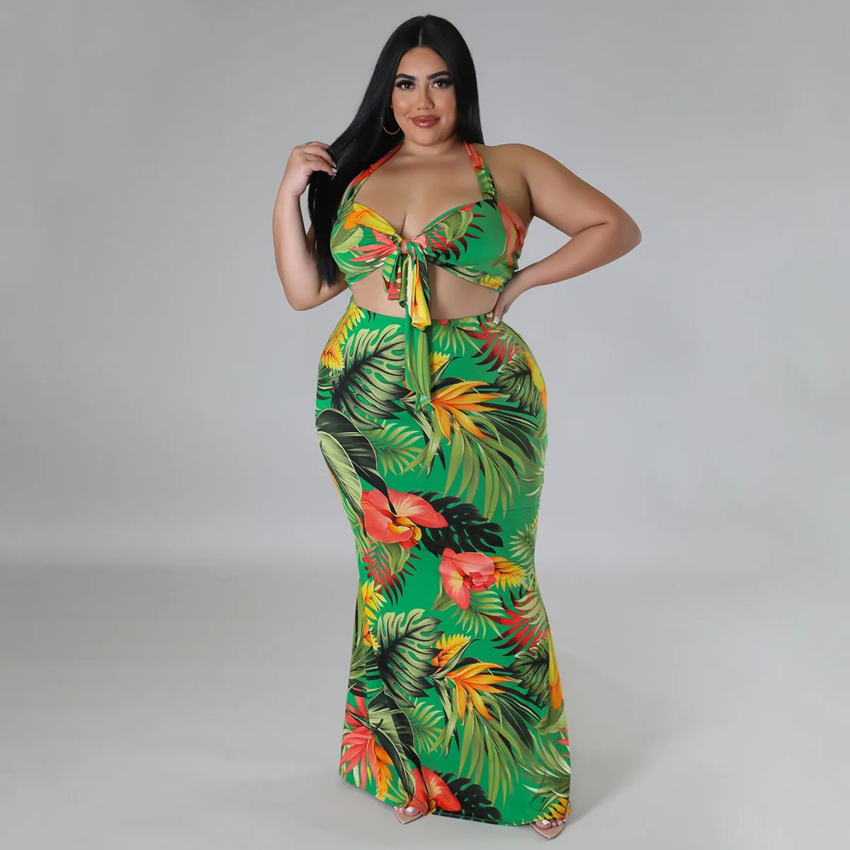 Women Fashion Sexy Plus Size Printed Halter-Neck Lace-Up Crop Top Slim Fit Skirt Two-Piece Set
