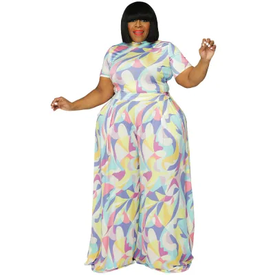 Women Fashion Sexy Plus Size Printed Short-Sleeve Crop Top Wide-Leg Pants Two-Piece Set
