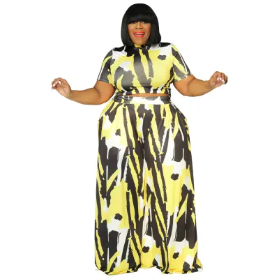 Women Fashion Sexy Plus Size Printed Short-Sleeve Crop Top Wide-Leg Pants Two-Piece Set