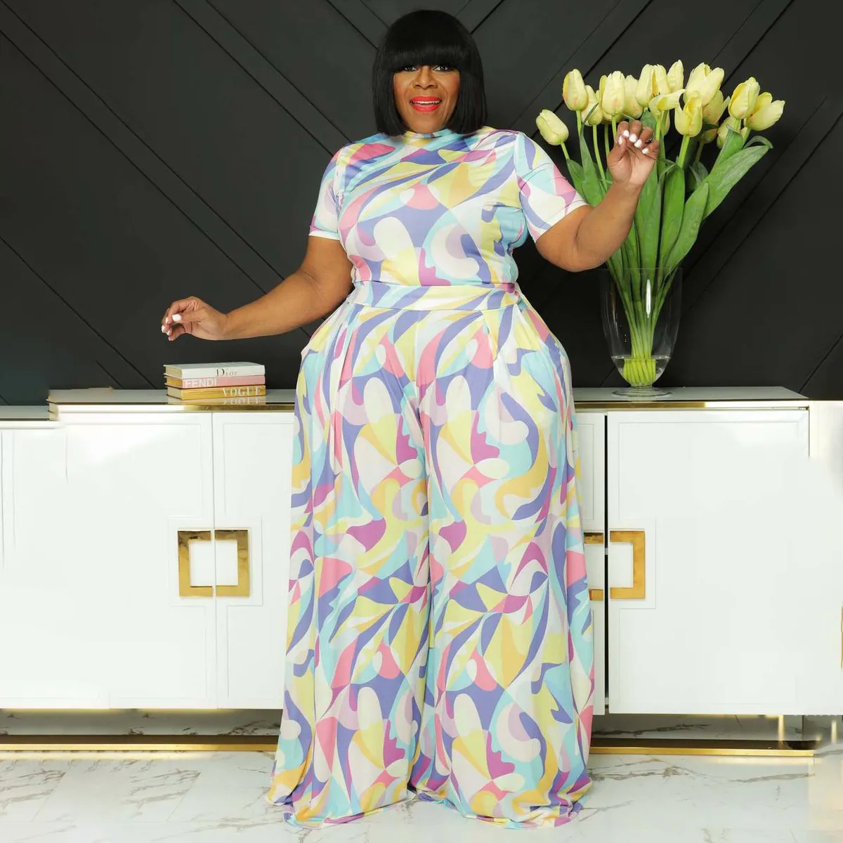 Women Fashion Sexy Plus Size Printed Short-Sleeve Crop Top Wide-Leg Pants Two-Piece Set