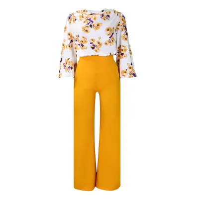 Women Fashion Casual Plus Size Printed Long-Sleeve Blouse Wide Leg Pants Two-Piece Set