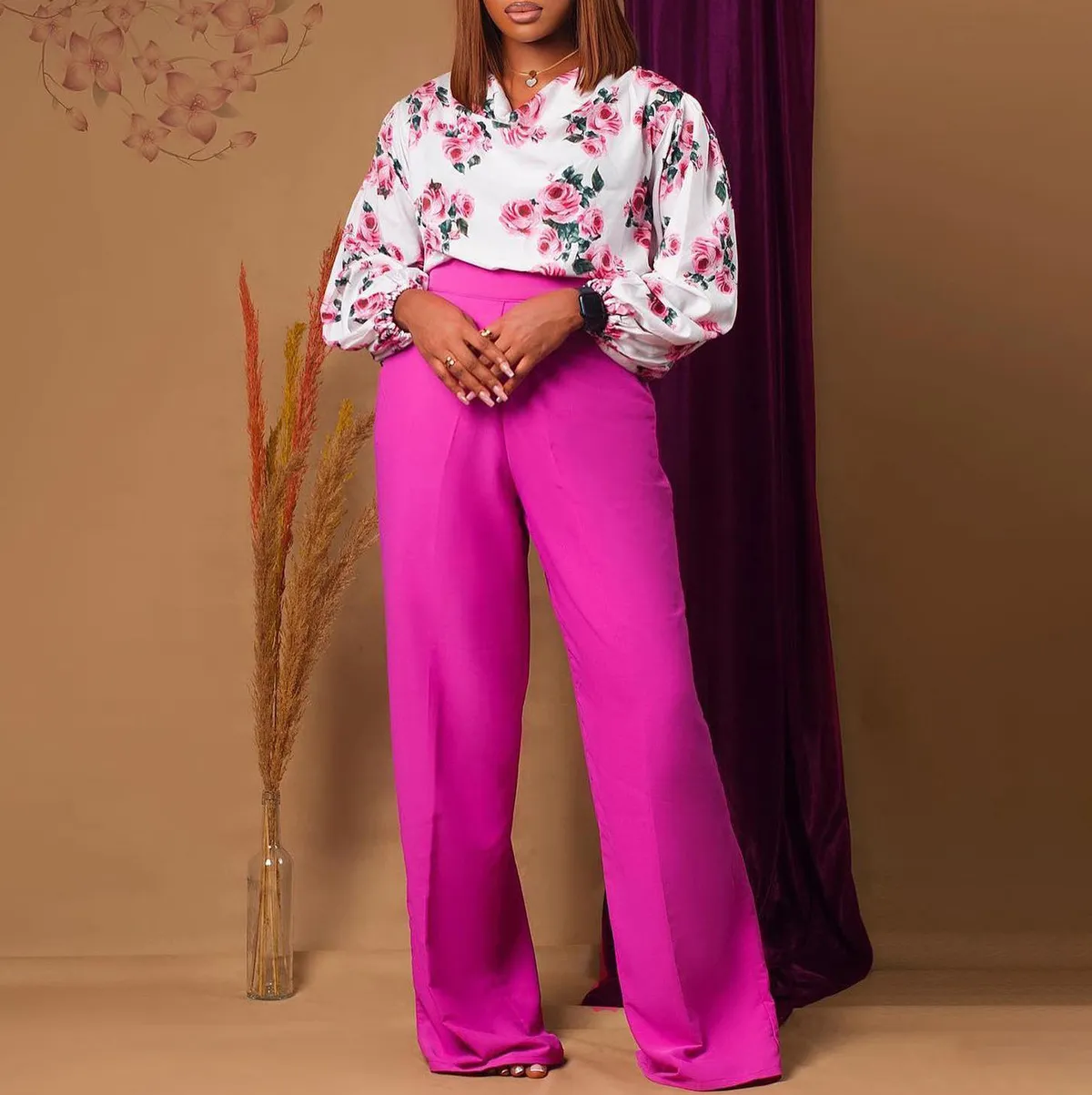 Women Fashion Casual Plus Size Printed Long-Sleeve Blouse Wide Leg Pants Two-Piece Set