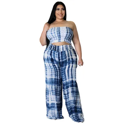 Women Fashion Sexy Plus Size Tie-Dye Printed Tube Top Loose Pants Two-Piece Set