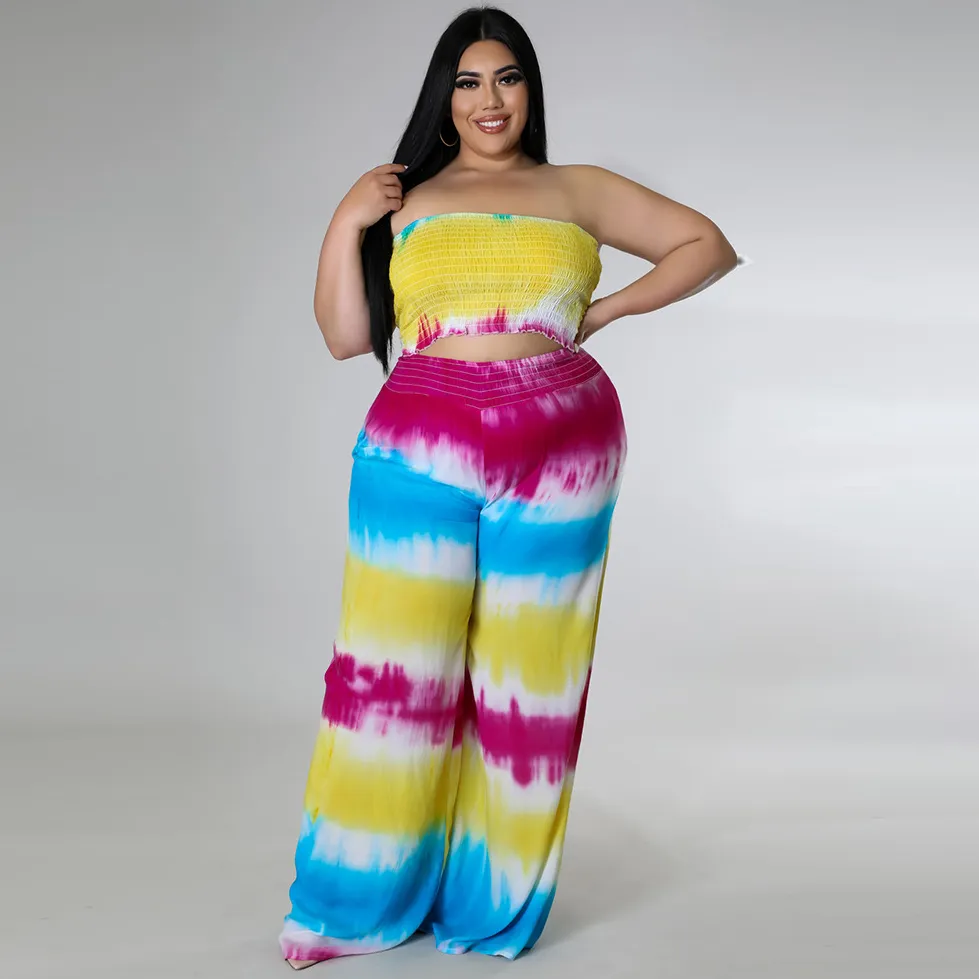 Women Fashion Sexy Plus Size Tie-Dye Printed Tube Top Loose Pants Two-Piece Set