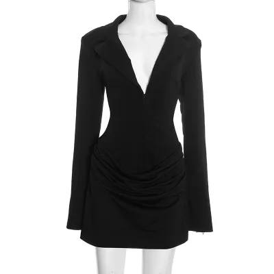 Women Elegant Solid Color Deep V Neck Pleated Long Sleeve Bodycon Dress