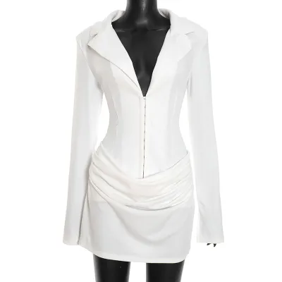 Women Elegant Solid Color Deep V Neck Pleated Long Sleeve Bodycon Dress