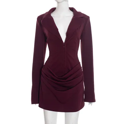 Women Elegant Solid Color Deep V Neck Pleated Long Sleeve Bodycon Dress