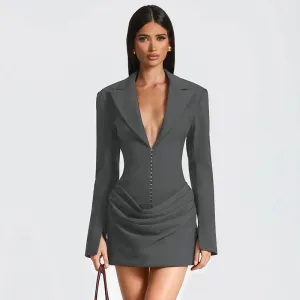 Women Elegant Solid Color Deep V Neck Pleated Long Sleeve Bodycon Dress