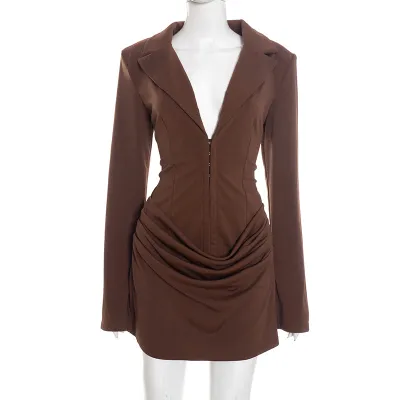 Women Elegant Solid Color Deep V Neck Pleated Long Sleeve Bodycon Dress