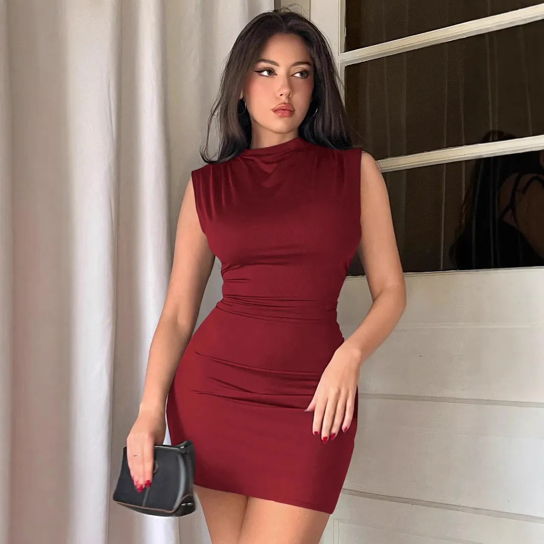 Summer Women Fashion Sexy Solid Color Sleeveless High Elastic Slim Fit Dress